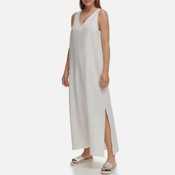 Dkny Dresses & Skirts - NWT DKNY linen maxi dress, white with slit and v neck, tank top XL